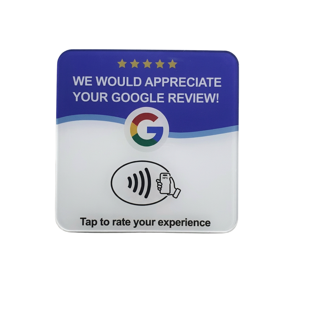 Reviewly NFC review plaque with Google logo in white and blue